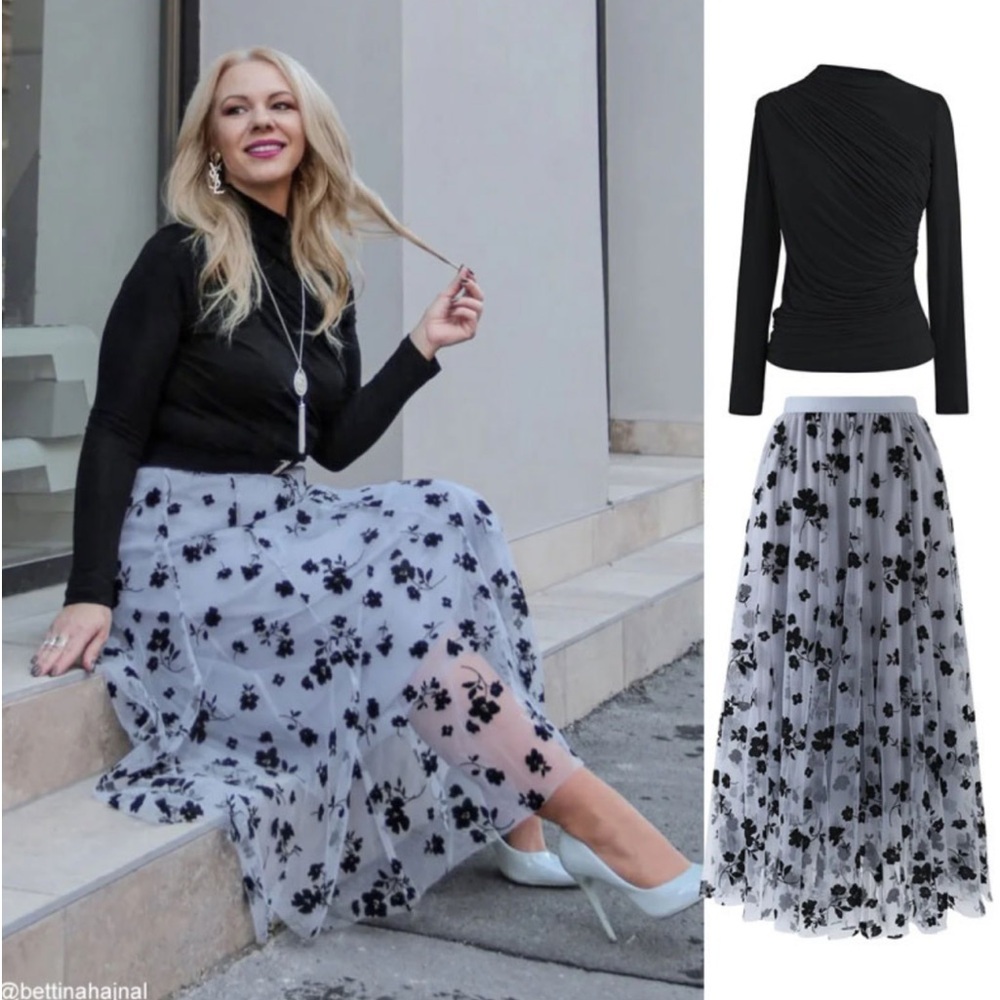 NWOT Chicwish 3D POSY LINED DOUBLE-LAYERED MESH MIDI SKIRT IN DUSTY BLUE XS - Picture 3 of 14